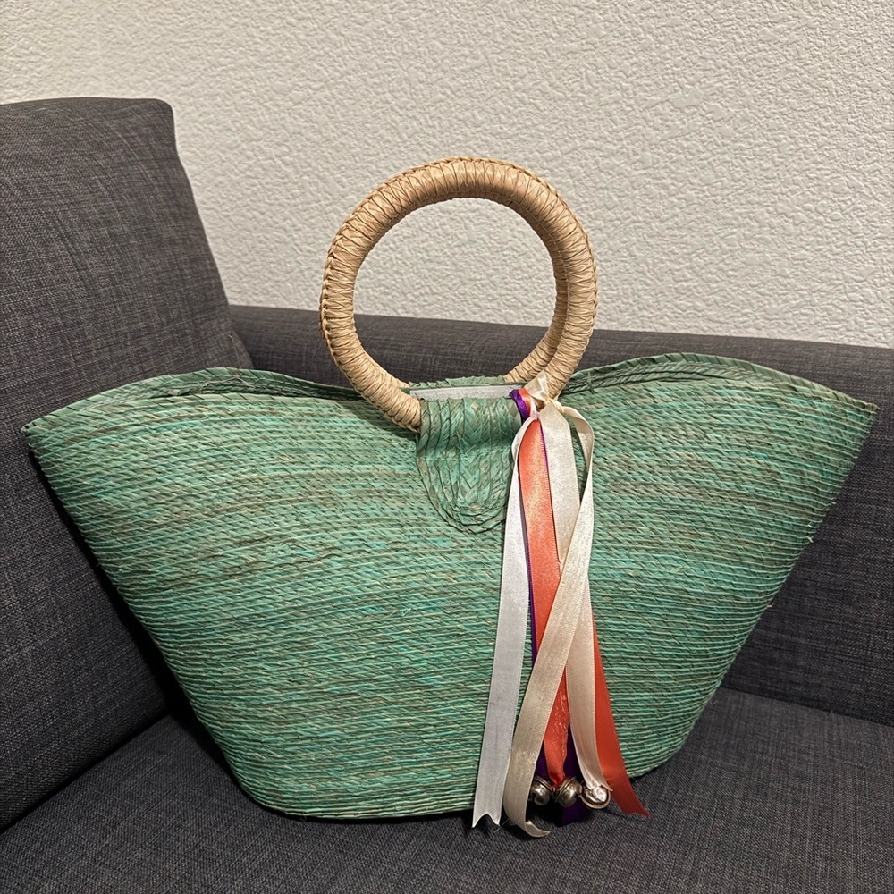 Green Straw Tote Bag with Rope Handles and Ribbon Detail